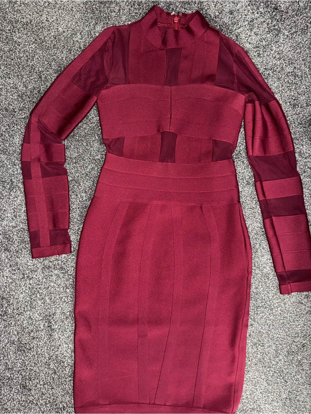 Women’s Long Sleeve Burgundy Sheer Panel Bodycon Dress - Picture 2 of 7